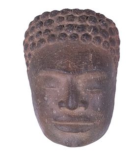 17TH C. TRAVELER'S STONE BUDDHA HEAD, CAMBODIA
