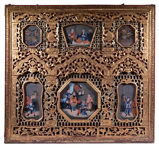18TH C. CHINESE RETICULATED WALL SCREEN WITH REVERSE GLASS PAINTINGS