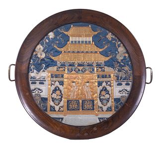CHINESE EMBROIDERED PANEL IN MAHOGANY TRAY
