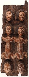 African Wooden Carved Door Panel w/ Heads