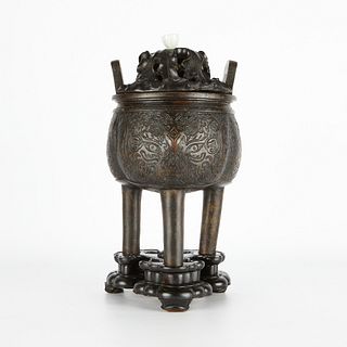 17th-18th c. Chinese Bronze Censer w/ Jade Knop