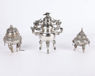 3 Silver Chinese Export Tripod Censers