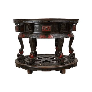 Chinese Round Carved Wood Table w/ Drawers 19th c.