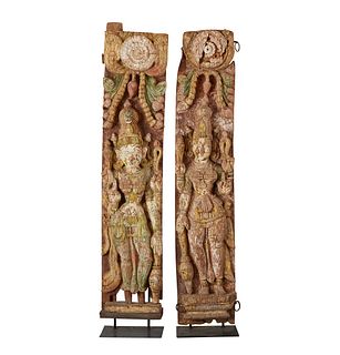 Pair of Indian Polychrome Carved Temple Panels