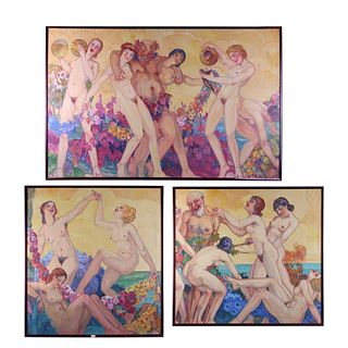 Art Deco Triptych "Bacchanalia" Oil on Canvas