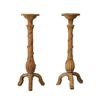 Pr: Carved Wooden Plinths or Candle Sticks
