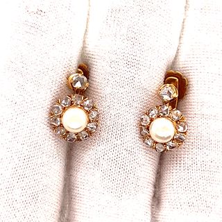 18k Victorian Botton Natural Pearl Diamond EarringsÂ 