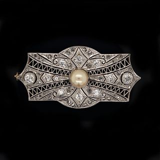 Art Deco Platinum and Gold Diamond Pearl Brooch
