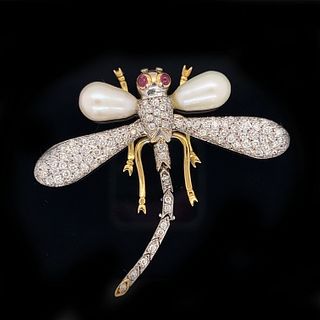 18k Diamond Pearl Articulated Dragonfly Pendant BroochÂ 