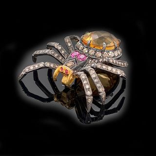 Silver and Gold Citrine and Diamond Spider Pendant Brooch