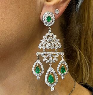 18K White & Yellow Gold Emerald and Diamond Chandelier Earrings