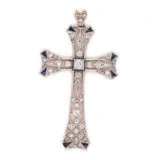 Art Deco 18k Platinum Diamond Sapphire Cross