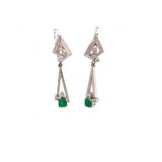 Art Deco Platinum Emerald Diamond Earring