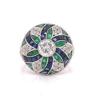 Art Deco Platinum Sapphire Emerald Diamond Round Ring