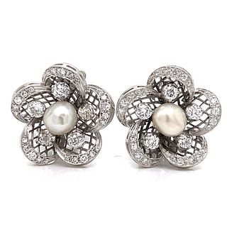 Platinum Natural Pearl and Diamond Flower Earrings
