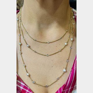 18K Yellow Gold Natural Pearl and Diamond Necklace