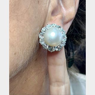 French 18K & Platinum South Sea Pearl and Diamond Earrings