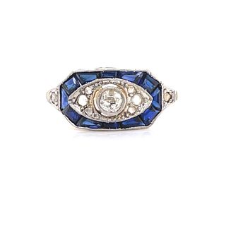 18k Platinum Art Deco Diamond Sapphire Ring
