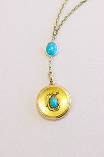 14k Victorian Dragon Locket & Chain with Persian Turquoise