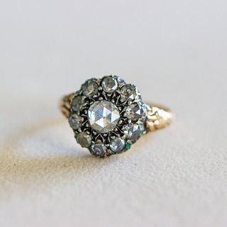 Silver & 14k Georgian Rose Cut Diamond Cluster Ring