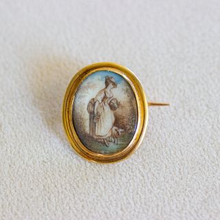 18k Hand Painted Pin of Woman with Lamb