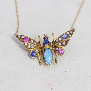 18k Opal Butterfly Pendant with Ruby, Sapphire & Pearl