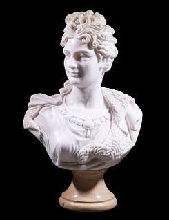 20TH C. WHITE MARBLE OVERSIZED BUST OF BOUDICA, THE WARRIOR QUEEN