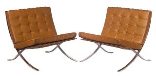 A PAIR OF VINTAGE LEATHER BARCELONA CHAIRS BY MIES VAN DER ROHE FOR KNOLL FURNITURE