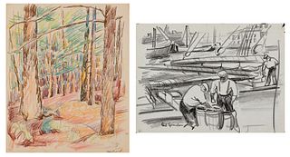 Carl Sprinchorn, Am. 1887-1971, Two Works: 1] Maine Woods 2] Boatyard, 1] Colored pencil on paper, matted  2] Crayon on paper, matted