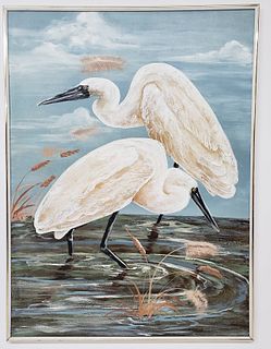 Large Oil on Canvas, "Cranes," Still Life Bird Painting