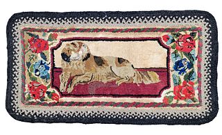 Antique American Reclining Spaniel Hooked Rug