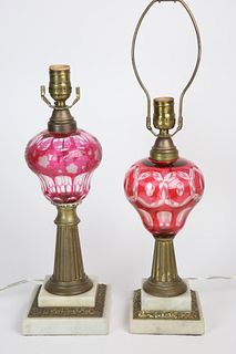 Two Ruby Cut To Clear Kerosene Lamps, 19th Century
