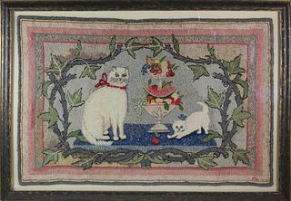 Folk Art American Hooked Rug of Two Cats