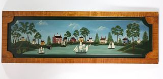 Folk Art Oil on Raised Panel "River Landscape"