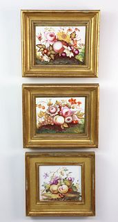Set of Three Floral and Fruit Still Life Paintings on Porcelain