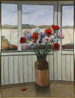 Roy Bailey Oil on Board "Poppy Bouquet Before a Window"