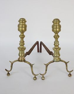 Pair of Period Multi-Turned Brass Andirons, 19th Century