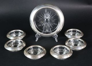 Set of Six Sterling Silver and Crystal Coasters with One Additional Coaster