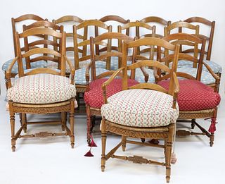 Set of Thirteen Vintage French Provincial Rush-Seat Dining Chairs