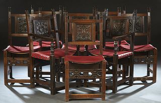 Set of Eight (6 +2) Spanish Renaissance Style Carved Oak Dining Chairs, 20th c., the canted back with a central carved square splat, over a red faux l