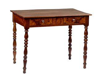 French Provincial Louis Philippe Carved Cherry Writing Table, 19th c., the rectangular top over two frieze drawers, on turned tapered cylindrical legs