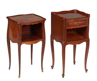 Near Pair of French Louis XV Style Carved Cherry Nightstands, 20th c., the 3/4 galleried top over a frieze drawer and open storage on one example; and