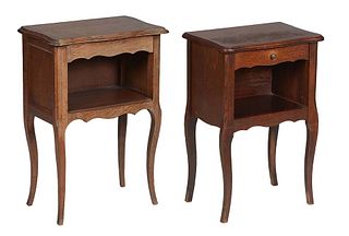 Near Pair of French Provincial Carved Walnut Nightstands, early 20th c., with 3/4 galleried tops, one with canted corners over open storage, on cabrio