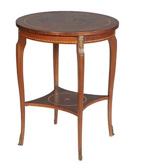French Louis XV Style Parquetry Inlaid Carved Cherry Lamp Table, 20th c., the inlaid circular top over an inlaid skirt and ormolu mounted cabriole leg