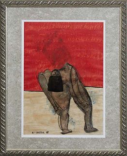 Antonio Castor (Spanish), "Figure Doing a Backbend," 1998, mixed media on paper, signed and dated lower left, presented in a grey mat and silvered fra