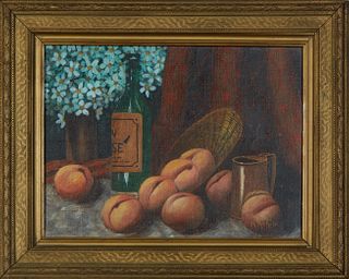Fae P. Nichols (American), "Still Life with Peaches," 1983, acrylic on canvas board, signed lower right, signed and dated en verso, presented in a gil
