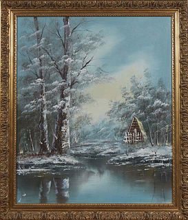 R. Willa, "Winter Scene," 20th/21st c., oil on canvas, signed indistinctly lower right, presented in a gilt frame, H.- 23 1/4 in., W.- 19 1/2 in., Fra