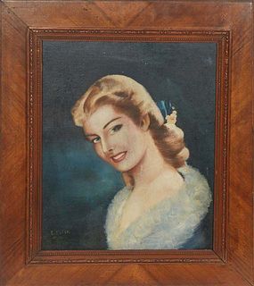 E. Peter, "Vintage Portrait of a Woman, Possibly Lauren Bacall," c. 1956, oil on canvas, signed and dated lower left, presented in a wood frame, H.- 1
