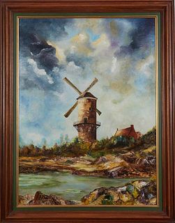 Joel Vidard (French), "Le Moulin," 1983, oil on canvas, signed lower left, with an artist certificate of authenticity attached en verso, titled en ver