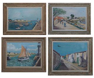 P. Hilien (French), "Sailboat Ride," "Docked Sailboats in the Harbor," "Town Street View," and "Fisherman Walking Along the Harbor," 1946-1950, four o
